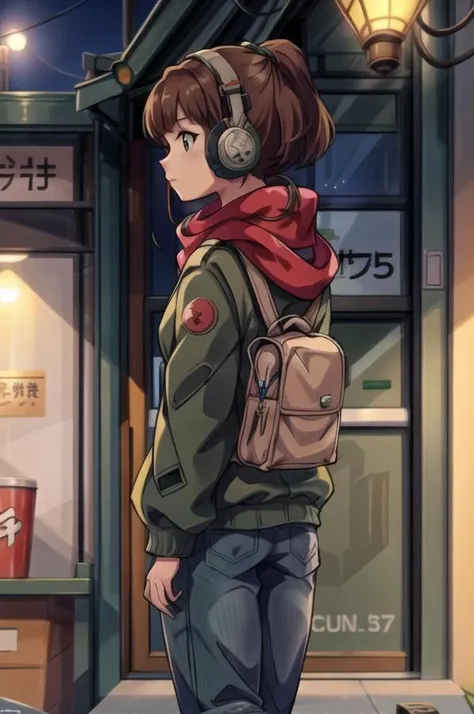<lora:LofiGirlv2:.8>, 1girl, solo,from behind,looking up, brown_hair,ponytail,headphones,green coat,blue pants,red scarf, outdoors,akihabara \(tokyo\), <lora:add_detail:1>