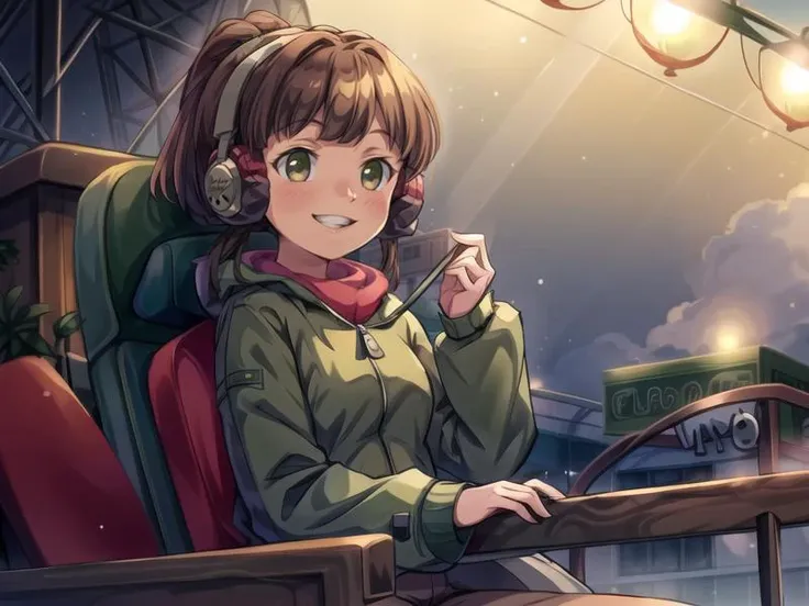 <lora:LofiGirlv2:.8>, 1girl, solo,brown_hair,ponytail,headphones, green coat,smile, blush, in roller coaster,amusement park, volumetric light ,<lora:add_detail:1>