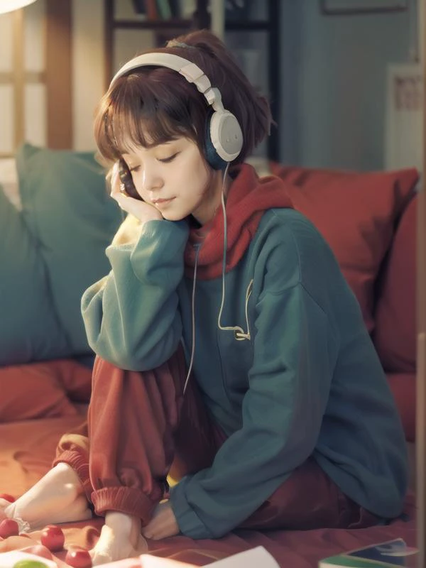 <lora:LofiGirlv2:.7>, 1girl, solo,sleeping,on back,in bed,brown_hair,ponytail,headphones,red scarf,green pajamas up,blue pajamas pant,