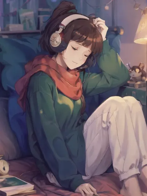 <lora:LofiGirlv2:.7>, 1girl, solo,sleeping,on back,in bed,brown_hair,ponytail,headphones,red scarf,green pajamas up,blue pajamas pant, ghibli style
