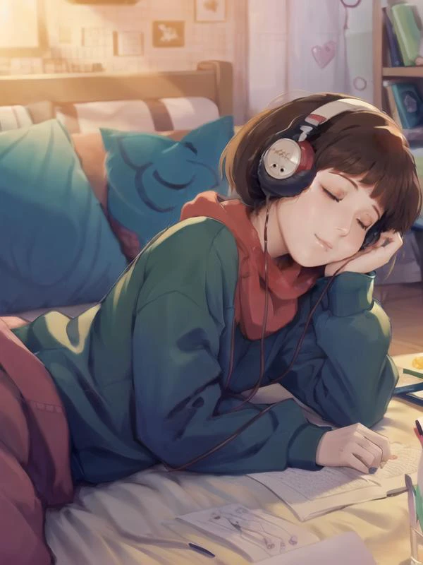 Sakura Chihiro has brown hair and brown eyes. She wears a brown sweatshirt and blue pants. with headphones from ear, she is lying on the bed in her room, listening to music while the window is open. In front of you, a computer where she is writing on a card. The room is decorated with books and other items typical of a teenager.