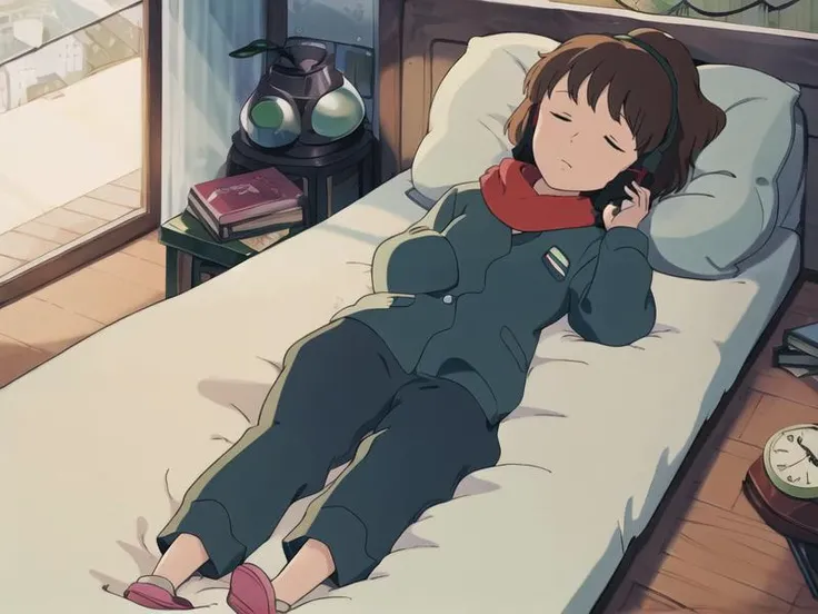 <lora:LofiGirlv2:.7>, 1girl, solo,sleeping,on back,in bed,brown_hair,ponytail,headphones,red scarf,green pajamas up,blue pajamas pant, <lora:ghibli_style_offset:1> ghibli style
