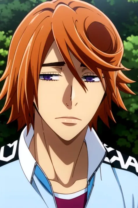 photorealistic, (4k), depth of field, (Masterpiece), (realistic skin texture), extremely detailed, intricate, hyper detailed, high resolution, professional photography, bokeh, depth of field, sharp detail, best quality, , 1boy, solo, male focus, <lora:takuto_ashikiba:0.98>, takuto_ashikiba, orange hair, purple eyes,