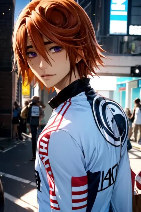 (realistic:1.2), kyan reki\(sk8\), solo, looking at viewer, 1boy, hair between eyes, red hair, orange eyes, messy hair, black hood, male focus, headband, pink hoodie