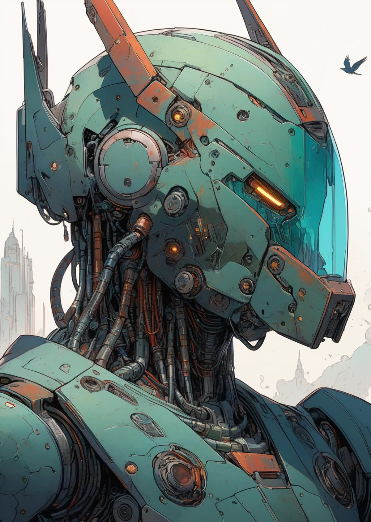 high-quality 4k hd flat-color  drawing by  moebius 
close up 
a giant robot looking at a bird stopped on its hand , (glass transparent helmet ),
the robot is aged with moss on its rusty armor,
night, moonlight
shadows, dramatic lighting , gradient
    pop surrealism , 
[(details:1.2): [ (many small details:1.3) : [ (many ultrasmall details: 1.2):(very detailed ultrasmall edges and microrelief:1.5):0.7 ]: 0.4 ] :0.2]
 <lora:Graphic_Portrait_v2:0.7>