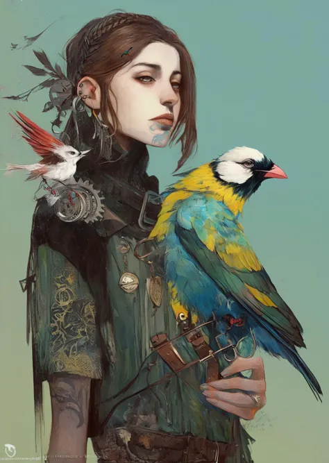 1girl with a bird on its shoulder, 
Ellen Jewett
digital, expressionism, installation, , surreal, whimsical
  pop surrealism ,
[(details:1.2): [ (many small details:1.3) : [ (many ultrasmall details: 1.2):(very detailed ultrasmall edges and microrelief:1.5):0.7 ]: 0.4 ] :0.2]
 <lora:Graphic_Portrait_v2:0.7>