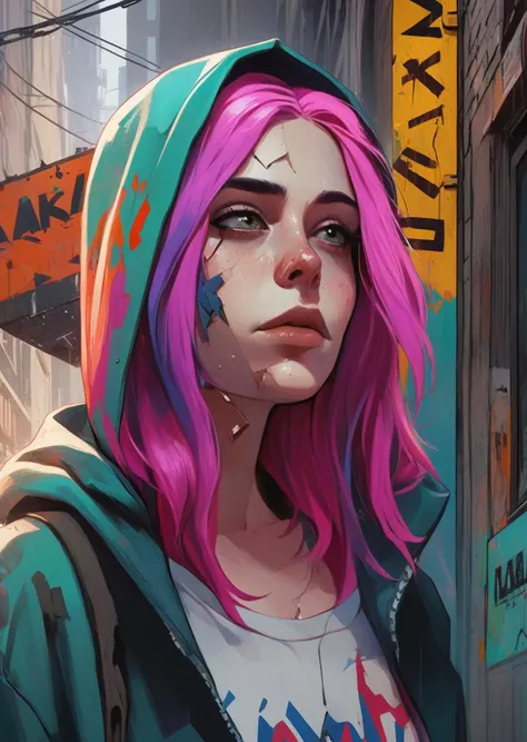 beautiful, 
closeup
a woman with medium-length colorful hair wearing hoodie walking under a broken sign in an alleyway
Simon Stålenhag
[(details:1.2): [ (many small details:1.3) : [ (many ultrasmall details: 1.2):(very detailed ultrasmall edges and microrelief:1.5):0.7 ]: 0.4 ] :0.2]
 <lora:Graphic_Portrait_v2:0.7>