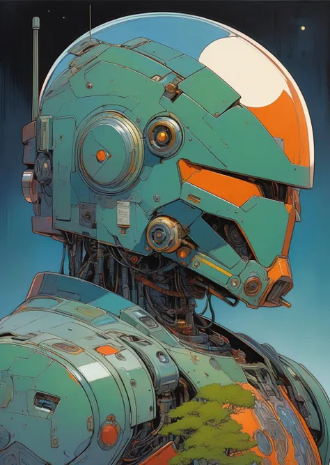 painting , drawing by  moebius and syd mead
close up 
a giant robot looking at a bird stopped on its hand , (glass transparent helmet ),
the robot is aged with moss on its rusty armor,
night, moonlight
shadows, dramatic lighting , gradient
    pop surrealism ,  pop art
[(details:1.2): [ (many small details:1.3) : [ (many ultrasmall details: 1.2):(very detailed ultrasmall edges and microrelief:1.5):0.7 ]: 0.4 ] :0.2]
 <lora:Graphic_Portrait_v2:0.8>