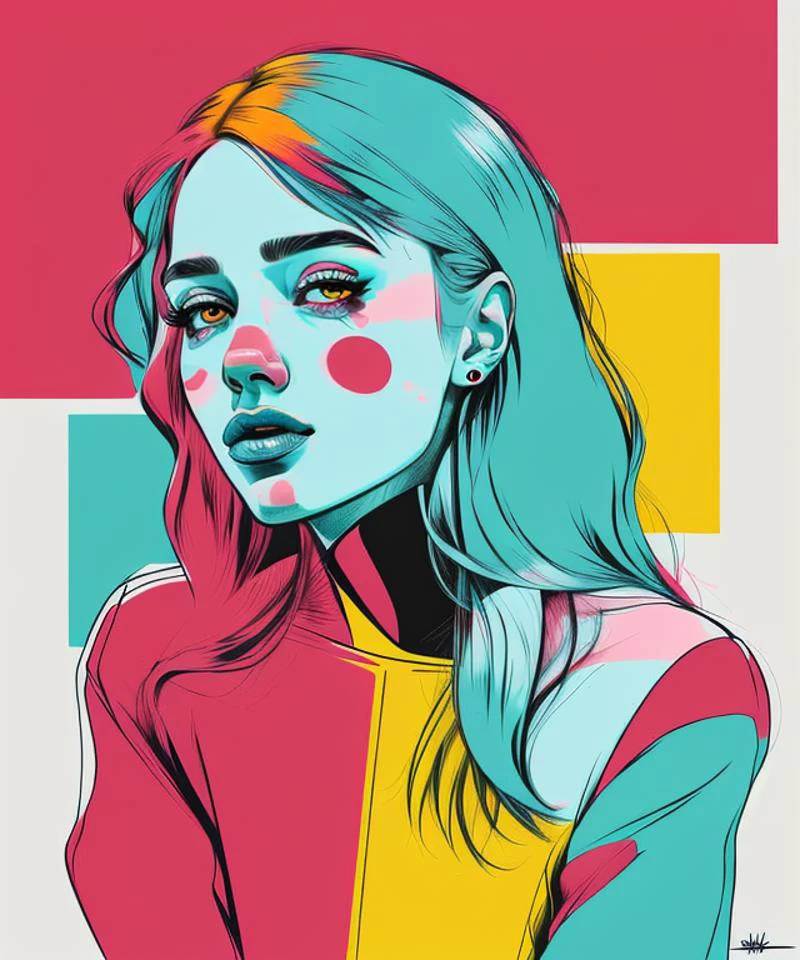 dancing girl, <lora:minimalism_pop_last:1>, minimalism pop art style, <lora:Graphic_Portrait_SD15:1>, ILLUSTRATION, DRAWING, PORTRAIT, OUTLINE