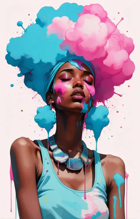 hip-hop theme, torso shot of a stunning Somali woman with a tired expression, Conrad Roset, cotton candy explosion, digital portrait, an ultrafine detailed painting, space art, <lora:Graphic_Portrait:0.75>, the drip drip, the bling bling, the skrrrt skrrrt