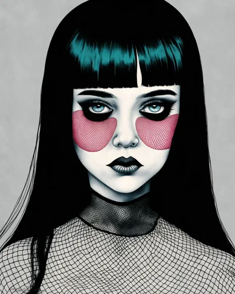 1girl, artist name, bangs, black eyes, fishnets, grey background, long hair, looking at viewer, solo , pop surrealism  ,  <lora:Graphic_Portrait_SD15:0.7> , Graphic_Portrait