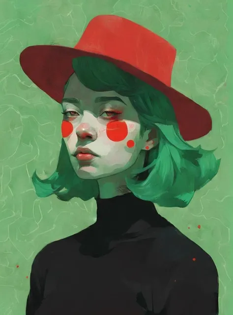 a woman with a hat and a green background with a red spot on her face and a black top, Caroline Chariot-Dayez, sachin teng, digital art, digital art , pop surrealism , <lora:Graphic_Portrait:0.75>