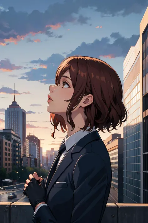 masterpiece, best quality, <lora:cissnei-ff-richy-v1:1> cissnei, suit, necktie, fingerless gloves, black gloves, from side, looking up, adjusting gloves, cityscape, grey sky