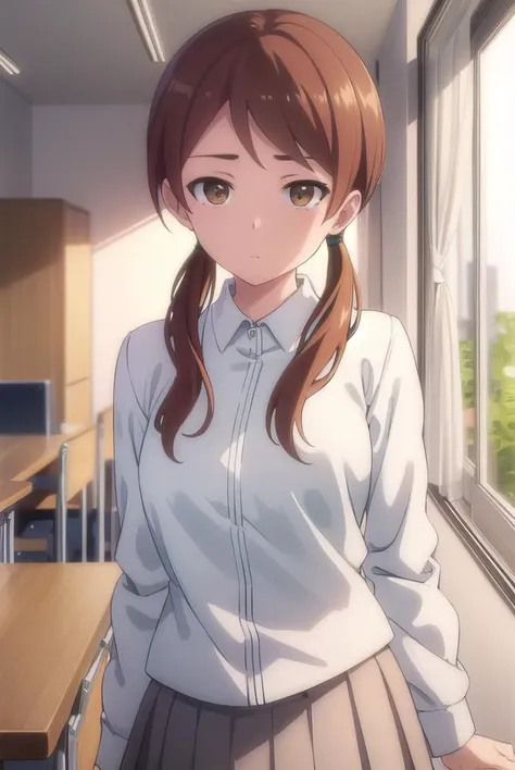 himaritakanashi, <lora:himari takanashi s1-lora-nochekaiser:1>,
himari takanashi, brown hair, twintails, (brown eyes:1.3), low twintails,
BREAK skirt, shirt, school uniform, white shirt, pleated skirt, brown skirt,
BREAK indoors, classroom,
BREAK looking at viewer, (cowboy shot:1.5),
BREAK <lyco:GoodHands-beta2:1>, (masterpiece:1.2), best quality, high resolution, unity 8k wallpaper, (illustration:0.8), (beautiful detailed eyes:1.6), extremely detailed face, perfect lighting, extremely detailed CG, (perfect hands, perfect anatomy),