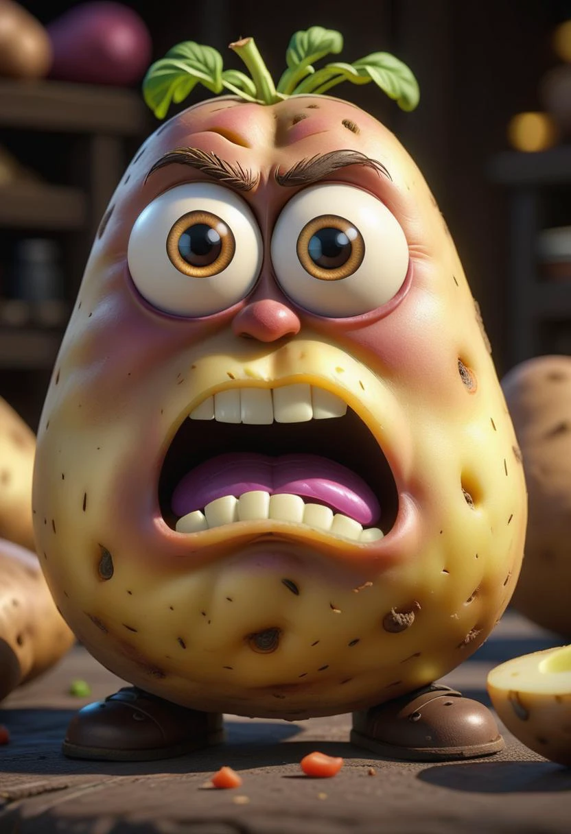 pixar style, a potato, as a pixar character, angry, (best quality), (masterpiece), (best lighting), (high detailed skin:1.0),( detailed eyes), 8k uhd, dslr, soft lighting, best quality, film grain, Fujifilm XT3,