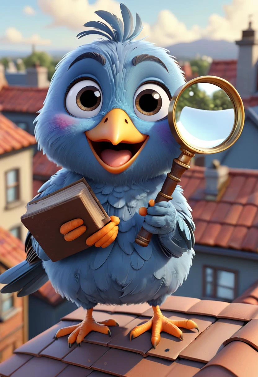 pixar style of bird, as a cartoon character, tinny cute, holding a magnifying glass, looking at magnifying glass, on the roof, smile, high detailed, photorealistic, 8k , smooth, simple