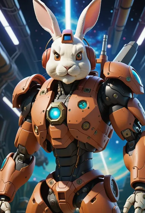 a male rabbit with mech BTX, helmet, animal figure, muscular, floating in the universe, anime key visual, vintage 90's manga style, full shot, far distance, (best quality), (masterpiece), (best lighting), (high detailed skin:1.0),( detailed eyes), 8k uhd, dslr, soft lighting, best quality, film grain, Fujifilm XT3, wide angle lens, slender limbs, around by electricity