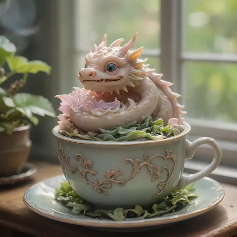 A tiny dragon curled up asleep inside a teacup, (Soft Focus), (f_stop 2.8), (focal_length 50mm) macro lens f/2.8, surrounded by (scattered) tea leaves, (pastel) colors, (cozy) morning light filtering through a nearby window, (whimsical) steam shapes, captured with a (Canon EOS R5), highlighting (serene) comfort, (miniature) whimsy