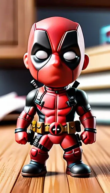 cartoonish deadpool action figure, tiny size, very small body, very big head, placed on top a wooden desk, office background, photorealistic