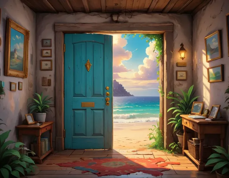 (Pixar animation studios:4.0) <lora:Dreamyvibes - Alt-Version - Trigger is Dreamyvibes Artstyle:.7>,, , dreamyvibes artstyle, lcas artstyle Person finds a mysterious door in their home that opens to different locations around the world <lora:Lucasarts Artstyle - (Trigger is lcas artstyle)-civitai:1>