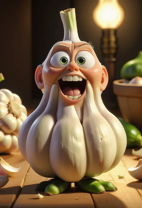 pixar style, a garlic, as a pixar character, sour face, (best quality), (masterpiece), (best lighting), (high detailed skin:1.0),( detailed eyes), 8k uhd, dslr, soft lighting, best quality, film grain, Fujifilm XT3,
