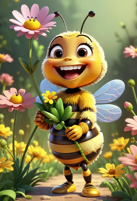 pixar style of(((bee))), as a cartoon character,  tinny cute, holding a big flower,  standing the middle of flower,  spring , smile, high detailed, photorealistic, 8k , smooth, simple