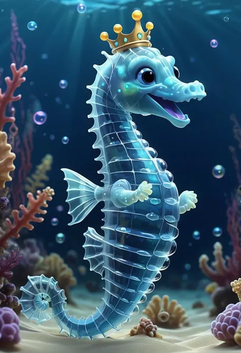 pixar style of transparent seahorse king, crown, wand, tinny cute, ((( luminous))), in the ocean, , bubbles, smile, high detailed, photorealistic, 8k