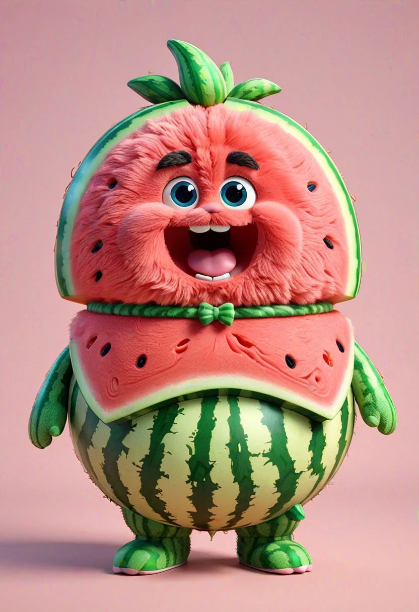 chubby cute fluffy fat (watermelon) belly, furry staff toy, funny facial expression, exaggerated action, 3D character, a bit fluffy, elougate shapes, cartoon style, minimalist, HD, high detailed, 8k