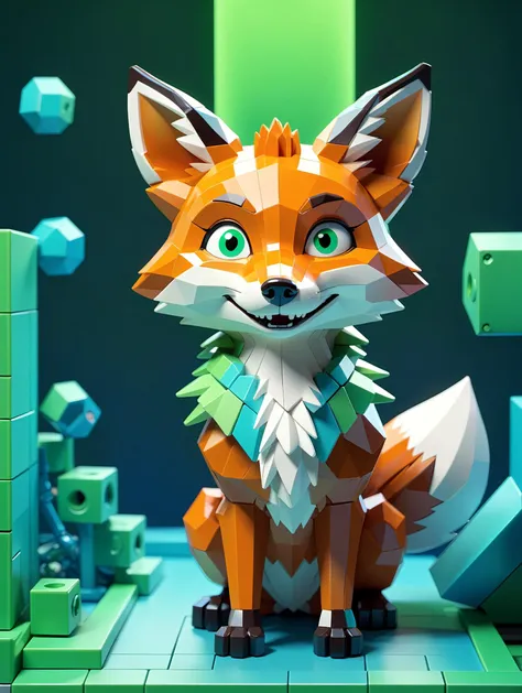 simple background,geometry background,cute fox,(looking at viewer),[surprised:happy:0.4],tones of green and blue,colorful,mechanical laboratory,<lora:aesthetic:1>,aesthetic,<lora:extremely_detailed:0.8>,extremely detailed,<lora:voxels:1>,voxels,<lora:Low-key lighting Style:0.8>, Low-key lighting Style,