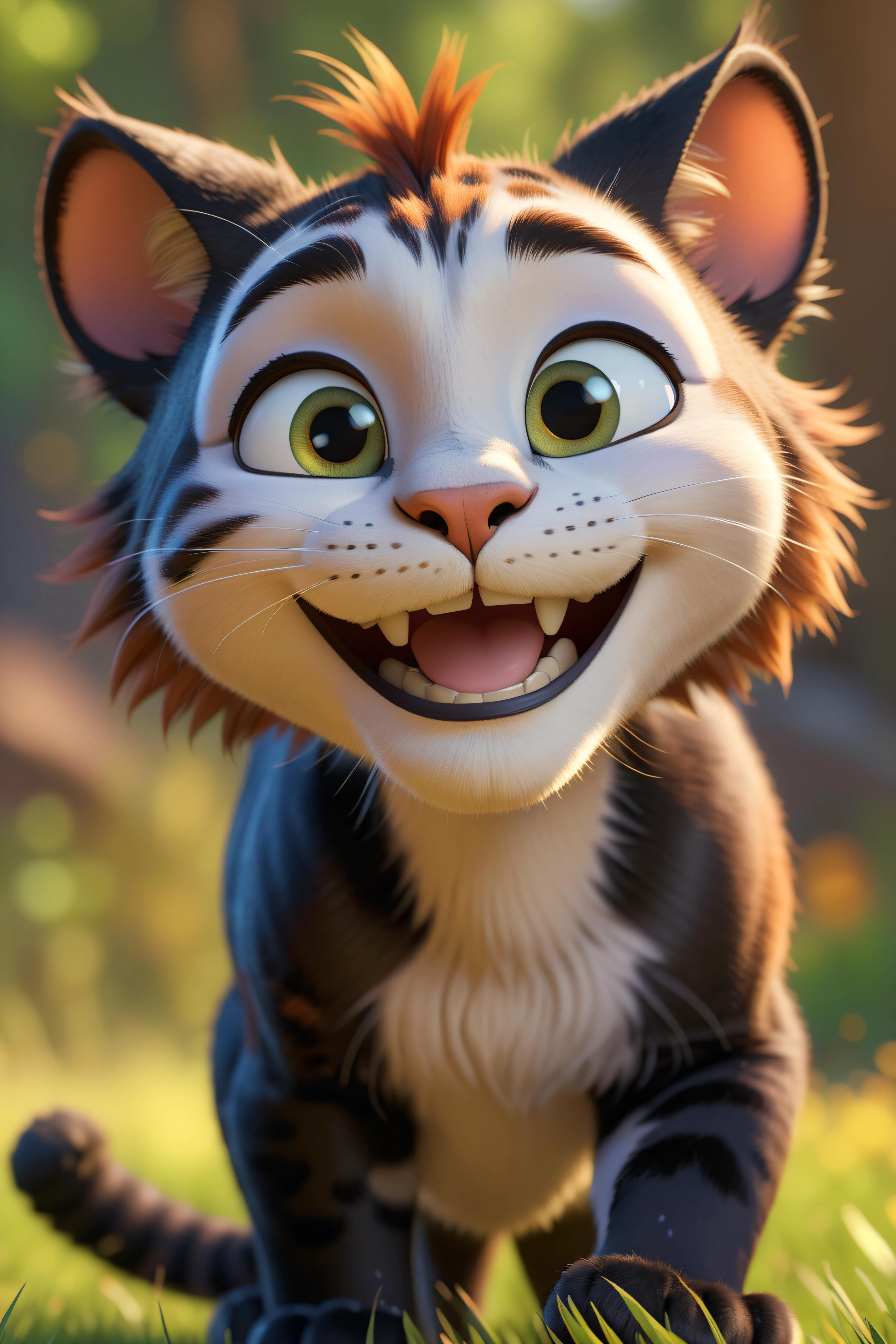 (big cat),pixar style,8k,realistic,vray,HDR,6000K,perfect light,bokeh,dept of field,photorealistic,masterpiece,high resolution,best quality,
(pixar style),(pixar character:1.2, smiling, happiness, black marking on the eye,