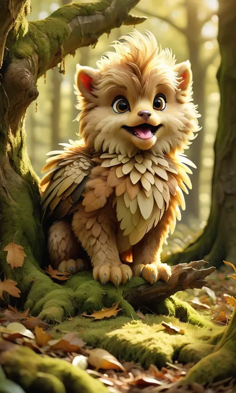 Charming griffin cub, (nestled) in a bed of (soft) moss under an ancient (oak tree:1.2), (fluffy) feathers, (inquiring) look, playing with (falling) leaves, in a (sun-dappled) forest clearing, serene afternoon, (warm) golden tones, (relaxing) scene, (cuddly) appearance, evoking (contentment), (whimsy), with detailed naturalistic textures