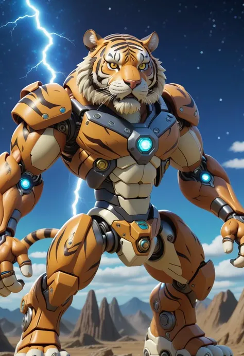 a male tiger  with mech BTX,  animal figure, muscular,  floating in the universe, anime key visual, vintage 90's manga style, full shot, far distance,  (best quality), (masterpiece), (best lighting), (high detailed skin:1.0),( detailed eyes), 8k uhd, dslr, soft lighting, best quality, film grain, Fujifilm XT3, wide angle lens, slender limbs, around by electricity