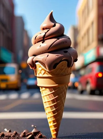chocolate ice cream cone, floating, busy city road background, morning, sunny day