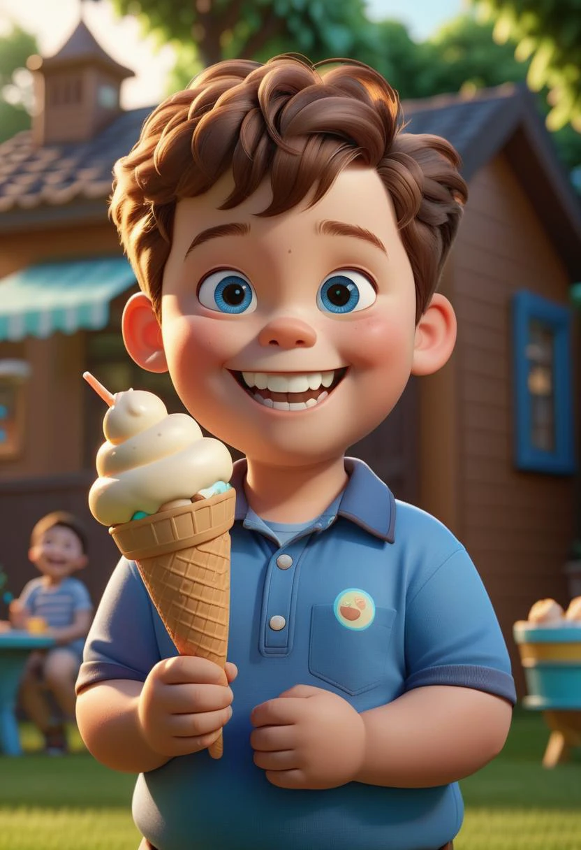 pixar character ,pixar style,fat 5 years old boy ,cute smile, holding 1 icecream,very detailed face,at the backyard background, (best quality), (masterpiece), (best lighting), (high detailed skin:1.0),( detailed eyes), 8k uhd, dslr, soft lighting, best quality, film grain, Fujifilm XT3,