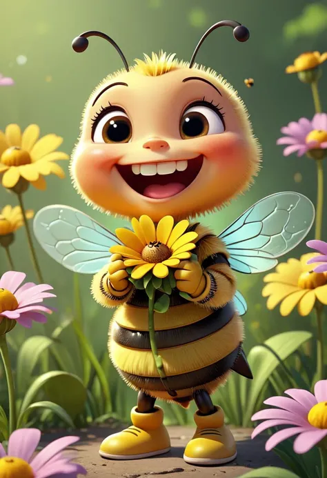 pixar style of little ((bee)), as a cartoon character,  tinny cute, holding a big flower,  standing the middle of flower,  spring , smile, high detailed, photorealistic, 8k , smooth, simple