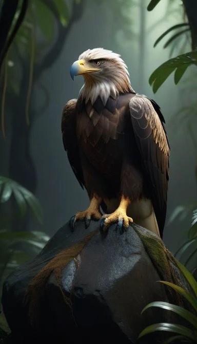 forest, dew, dark, foggy jungle, back-light, eagle sitting on a rock, ultra high resolution