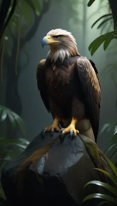 forest, dew, dark, foggy jungle, back-light, eagle sitting on a rock, ultra high resolution