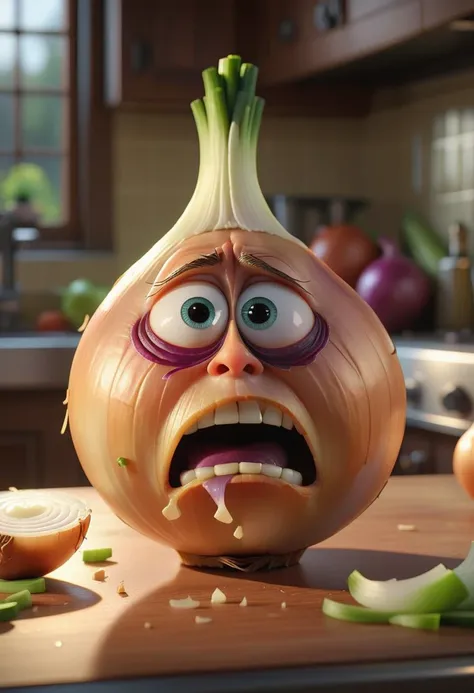 pixar character ,pixar style,an onion,crying ,cutting him self, at the kitchen table, suffering (best quality), (masterpiece), (best lighting), (high detailed skin:1.0),( detailed eyes), 8k uhd, dslr, soft lighting, best quality, film grain, Fujifilm XT3,