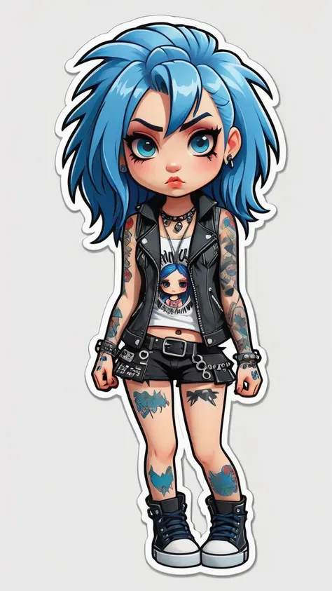 die-cut sticker, sticker, vector, chibi girl, punk outfit, blue hair, tattoos, white background