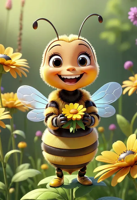 pixar style of(((bee))), as a cartoon character,  tinny cute, holding a big flower,  standing the middle of flower,  spring , smile, high detailed, photorealistic, 8k , smooth, simple