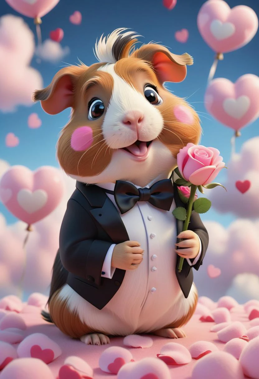 pixar character ,pixar style,a male guinea pig , handsome hairstyle, leering, cute, holding a rose, wearing tuxedo with black bowtie, surrounded by many pink heart clouds, huge smile(best quality), (masterpiece), (best lighting), (high detailed skin:1.0),( detailed eyes), 8k uhd, dslr, soft lighting, best quality, film grain, Fujifilm XT3,