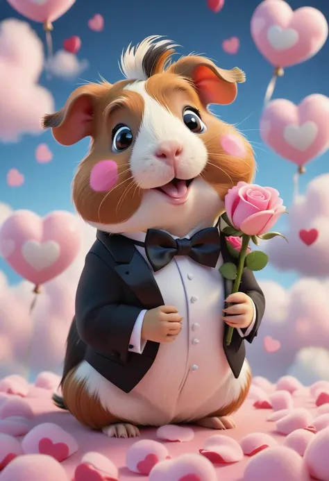 pixar character ,pixar style,a male guinea pig , handsome hairstyle, leering, cute, holding a rose, wearing tuxedo with black bowtie, surrounded by many pink heart clouds, huge smile(best quality), (masterpiece), (best lighting), (high detailed skin:1.0),( detailed eyes), 8k uhd, dslr, soft lighting, best quality, film grain, Fujifilm XT3,