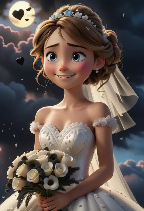 pixar character ,pixar style,a girl, long eyelashes,  teardrop, teard-up, crying,happy face, smile, suffering face, holding bouquet,  wearing wedding dress, surrounded by many black heart clouds, romantic, dark sky   (best quality), (masterpiece), (best lighting), (high detailed skin:1.0),( detailed eyes), 8k uhd, dslr, soft lighting, best quality, film grain, Fujifilm XT3,