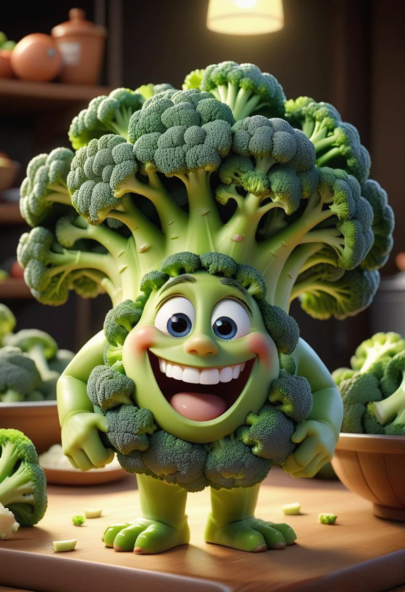 pixar style, a broccoli, as a pixar character, cute, big smile, laughing (best quality), (masterpiece), (best lighting), (high detailed skin:1.0),( detailed eyes), 8k uhd, dslr, soft lighting, best quality, film grain, Fujifilm XT3,