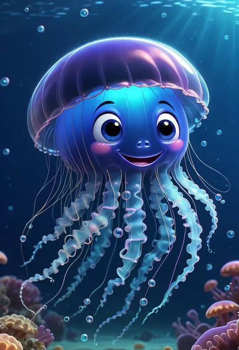pixar style of jellyfish, as a pixar character, tinny cute, ((( luminous))), in the ocean, , bubbles, smile, high detailed, photorealistic, 8k