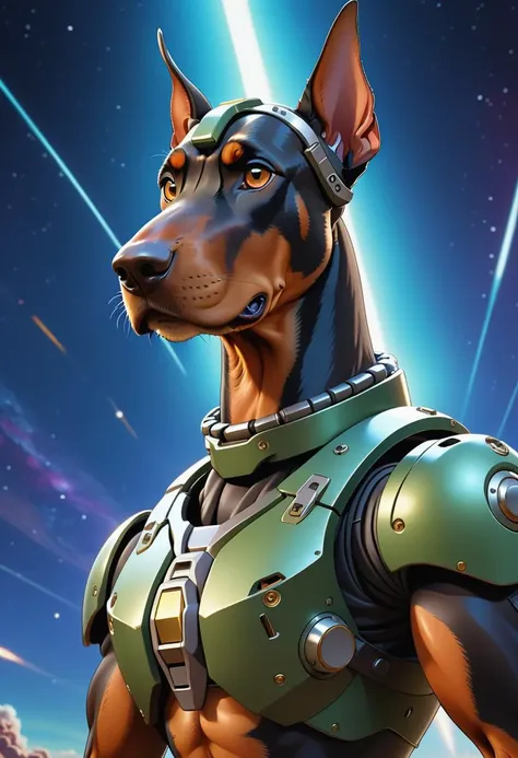 a doberman pinscher with mech BTX, helmet, muscular, floating in the universe, anime key visual, vintage 90's manga style, full shot, far distance, (best quality), (masterpiece), (best lighting), (high detailed skin:1.0),( detailed eyes), 8k uhd, dslr, soft lighting, best quality, film grain, Fujifilm XT3, wide angle lens, slender limbs, around by electricity