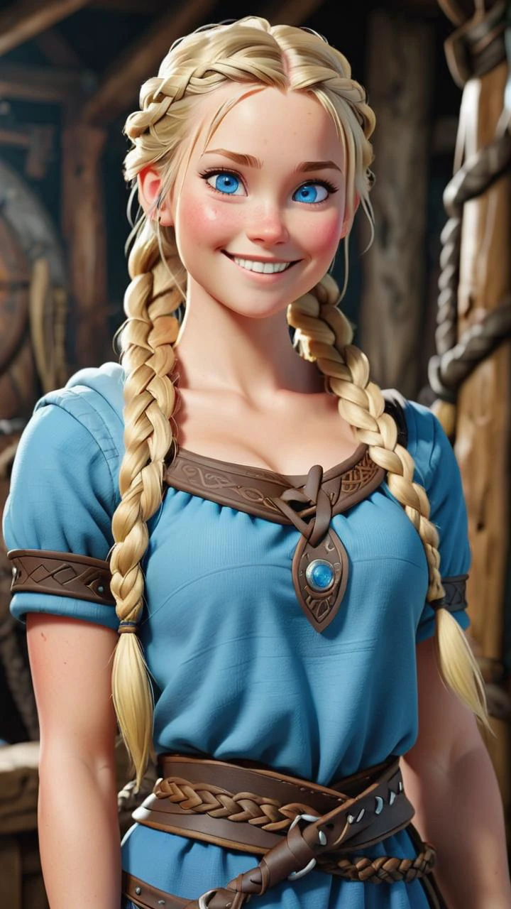 realistic, Viking, 1girl, blue eyes, small breasts, full body image, blonde hair, solo, braided hair, smiling face
