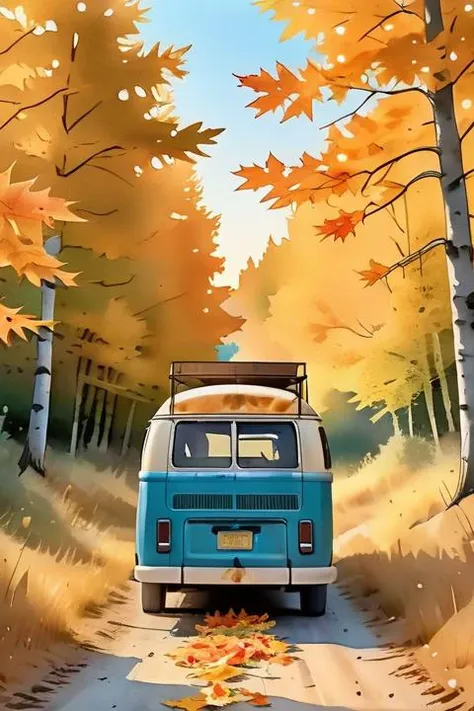panorama, dreamy vibes art style, a van, dust deposit, backroad, maple leaves, torrid, watercolor, masterpiece, comics page, crystal clear blue sky, dusty, music, <lora:chinese-art:2>, dust, flat colors, paper texture, golden hour, old, abandoned, in memory, finality, ending, homesickness, back view
