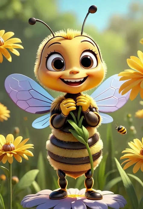 pixar style of(((bee))), as a cartoon character,  tinny cute, holding a big flower,  standing the middle of flower,  spring , smile, high detailed, photorealistic, 8k , smooth, simple