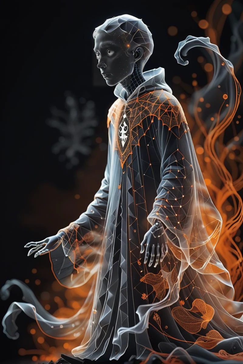 best quality, masterpiece, cute ghost with longing gaze, intricate details, whimsical, magical <lora:dataviz_style_xl_v1:0.8> dataviz style, black and white, orange tones, silhouette